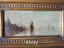 Table Ancient 19th Orientalist Marine Landscape Signed Wood Oil Framed