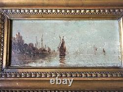 Table Ancient 19th Orientalist Marine Landscape Signed Wood Oil Framed