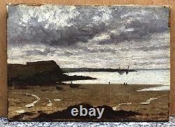 Table Ancient Oil Amédée Besnus (1831-1909) Landscape Marine Sea Boat Sky