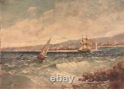 Table Ancient Oil On Web Hst XI Th Marine Boats Port Sea Signed