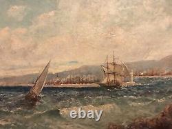 Table Ancient Oil On Web Hst XI Th Marine Boats Port Sea Signed