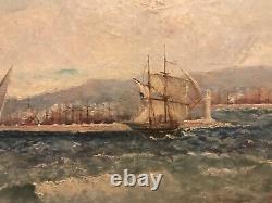 Table Ancient Oil On Web Hst XI Th Marine Boats Port Sea Signed