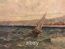 Table Ancient Oil On Web Hst XI Th Marine Boats Port Sea Signed