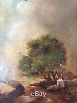 Table Former Calvary Landscape Oil On Canvas Signed