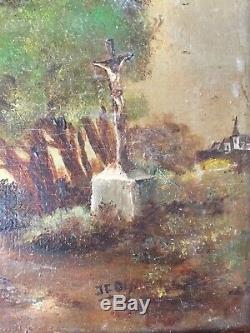 Table Former Calvary Landscape Oil On Canvas Signed