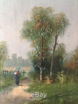 Table Former Nineteenth Barbizon Landscape Peasant On A Path Board Signed Oil