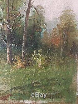 Table Former Nineteenth Barbizon Landscape Peasant On A Path Board Signed Oil