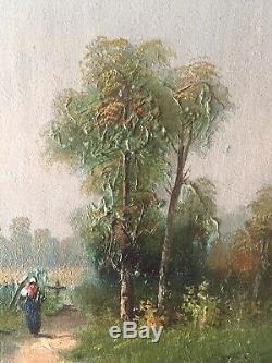 Table Former Nineteenth Barbizon Landscape Peasant On A Path Board Signed Oil