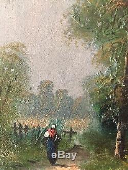 Table Former Nineteenth Barbizon Landscape Peasant On A Path Board Signed Oil
