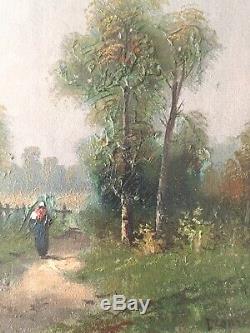 Table Former Nineteenth Barbizon Landscape Peasant On A Path Board Signed Oil