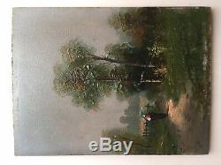 Table Former Nineteenth Barbizon Landscape Peasant On A Path Board Signed Oil