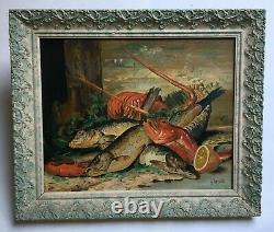 Table Former, Oil On Board, Still Life Fish Crustaceans, Box, Twentieth