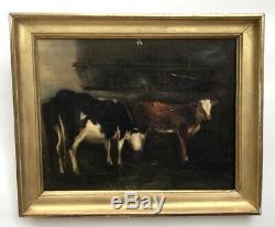 Table Former, Oil On Canvas Cows In The Barn, Gilded Frame, Nineteenth