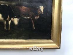 Table Former, Oil On Canvas Cows In The Barn, Gilded Frame, Nineteenth