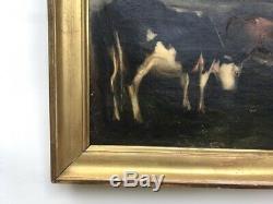 Table Former, Oil On Canvas Cows In The Barn, Gilded Frame, Nineteenth