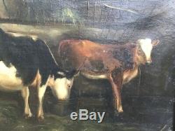 Table Former, Oil On Canvas Cows In The Barn, Gilded Frame, Nineteenth