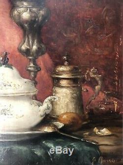 Table Former Oil Still Life Oil On Wood Signed Gustave Barrier Nineteenth