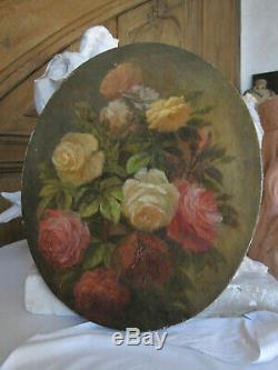 Table Former Oval Bouquet Of Roses Flowers Oil On Canvas Signed Dated Nineteenth