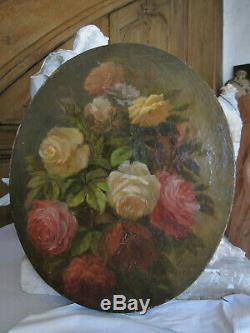 Table Former Oval Bouquet Of Roses Flowers Oil On Canvas Signed Dated Nineteenth