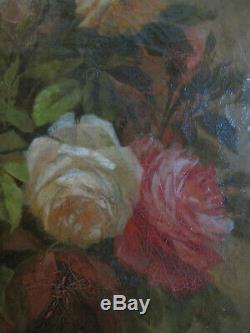 Table Former Oval Bouquet Of Roses Flowers Oil On Canvas Signed Dated Nineteenth