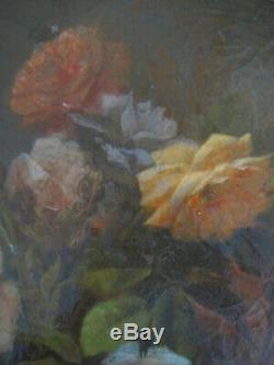 Table Former Oval Bouquet Of Roses Flowers Oil On Canvas Signed Dated Nineteenth
