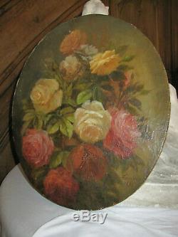 Table Former Oval Bouquet Of Roses Flowers Oil On Canvas Signed Dated Nineteenth