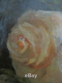 Table Former Oval Bouquet Of Roses Flowers Oil On Canvas Signed Dated Nineteenth