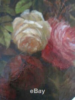 Table Former Oval Bouquet Of Roses Flowers Oil On Canvas Signed Dated Nineteenth