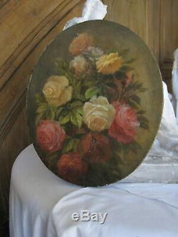 Table Former Oval Bouquet Of Roses Flowers Oil On Canvas Signed Dated Nineteenth