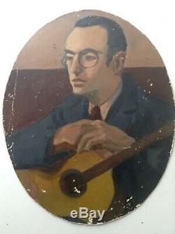 Table Former Portrait Man With Guitar Oil On Cardboard To Restore