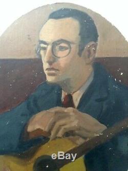 Table Former Portrait Man With Guitar Oil On Cardboard To Restore