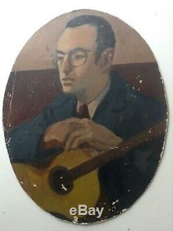 Table Former Portrait Man With Guitar Oil On Cardboard To Restore