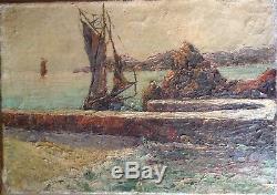 Table Marine Old Impressionist Boats Pier Oil On Canvas Late Nineteenth