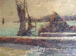 Table Marine Old Impressionist Boats Pier Oil On Canvas Late Nineteenth
