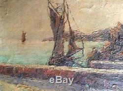 Table Marine Old Impressionist Boats Pier Oil On Canvas Late Nineteenth