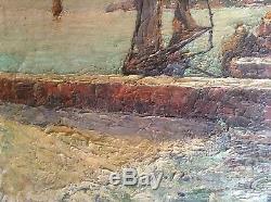 Table Marine Old Impressionist Boats Pier Oil On Canvas Late Nineteenth