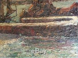 Table Marine Old Impressionist Boats Pier Oil On Canvas Late Nineteenth