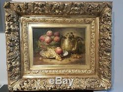 Table Nineteenth Old Oil Painting Still Life With Fruit Highly Decorated Frame