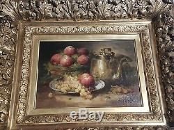 Table Nineteenth Old Oil Painting Still Life With Fruit Highly Decorated Frame