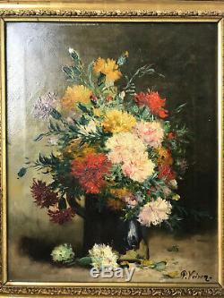 Table / Oil On Canvas Old (bouquet Of Carnations) Signed P. Voiron