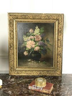 Table / Oil On Canvas Old (bouquet Of Lilac And Peonies) Signed