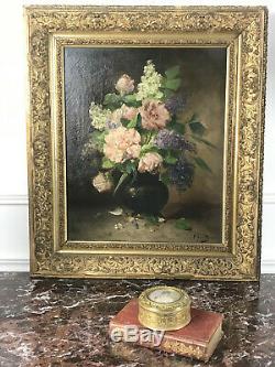 Table / Oil On Canvas Old (bouquet Of Lilac And Peonies) Signed