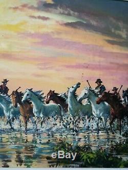 Table Oil On Canvas Signed Former Lasalle Horses Camargue Cowboys 50s