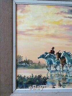 Table Oil On Canvas Signed Former Lasalle Horses Camargue Cowboys 50s