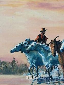 Table Oil On Canvas Signed Former Lasalle Horses Camargue Cowboys 50s