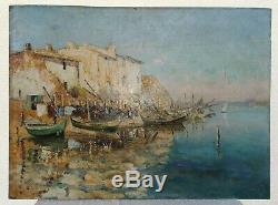 Table Oil On Panel Signed Former Olive Wearing Navy Early 20th Boat