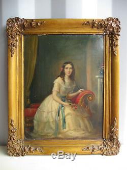 Table Old 1850 About-xix Century-young Girl-oil Painting On Cardboard