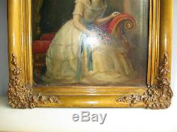 Table Old 1850 About-xix Century-young Girl-oil Painting On Cardboard