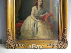 Table Old 1850 About-xix Century-young Girl-oil Painting On Cardboard