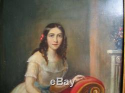 Table Old 1850 About-xix Century-young Girl-oil Painting On Cardboard